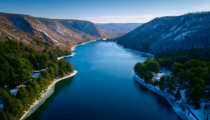 Serene winter lake nestled in a snow-dusted mountain valley . Generative AI