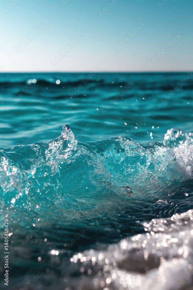 Poster the calm turquoise water sparkles with gentle waves, forming a peaceful scene. its blurred, clear ap