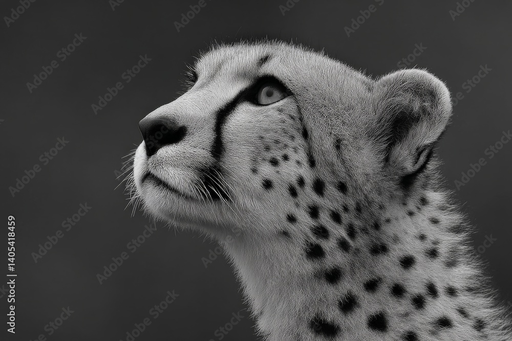 Poster high contrast cheetah closeup on grey background with sharp facial lines and detailed fur marking in