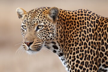 Fototapeta premium Spotted leopard walking with tense expression and golden fur in soft blurred safari landscape closeup wildlife mammal focus illustration stock image