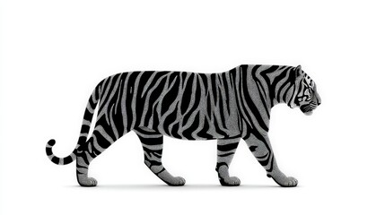 Obraz premium Matte black tiger profile in reverse walking pose with high contrast stripe patterns on isolated white surface in stylized animal illustration render