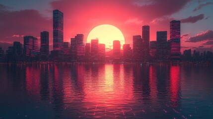 Obraz premium Synthwave Cityscape: Sunset Over Neon Skyline Reflection
