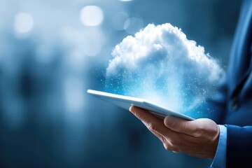 The concept of cloud computing enables businessmen to utilize tablets for global networking, offering data storage, accessibility, and scalability while collaborating to create innovative solutions t