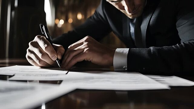 Businessman Signing Contract on Table with Pen and Documents in Formal Suit

