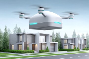 Drone delivery systems dropping goods in a quiet suburb