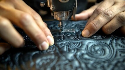 Hands quilting leather on sewing machine - Powered by Adobe