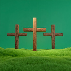 Three wooden crosses on grassy hill against green backdrop . Generative AI