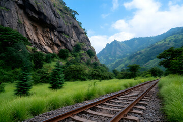 Fototapeta premium Train tracks through lush green valley flanked by majestic mountains under a vibrant sky . Generative AI