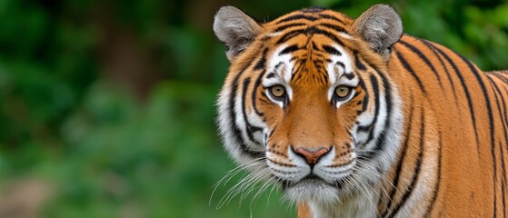 Wild tiger staring through green forest edge in sunlight with natural soft shadow fur detail and predator confidence captured in high contrast wildlife portrait