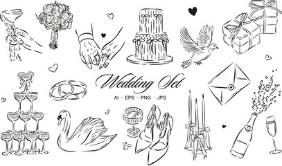 Set of Wedding Doodle Vector Illustrations – Hand Drawn Line Art.  Perfect for wrapping paper, fabric design, invitations, scrapbooking, or romantic branding projects.
