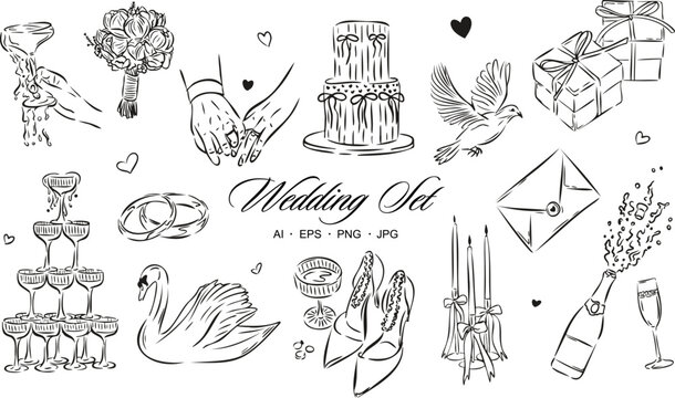 Set of Wedding Doodle Vector Illustrations – Hand Drawn Line Art.  Perfect for wrapping paper, fabric design, invitations, scrapbooking, or romantic branding projects.