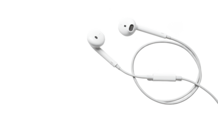 Close up shot of white wired earphones on a black background showcasing audio technology design details