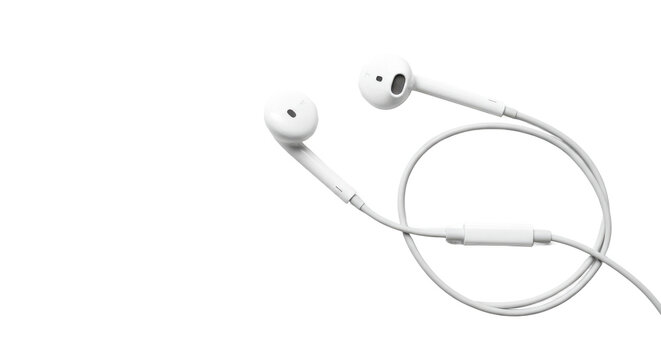 Close up shot of white wired earphones on a black background showcasing audio technology design details