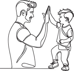 young dad and son celebrating success high five line drawing