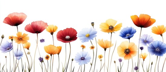 Colorful wildflowers meadow, spring bloom, white background, nature decor