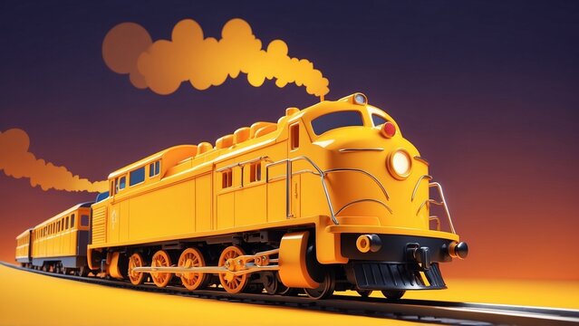 Yellow vintage train steam locomotive on vibrant orange background
