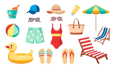A colorful collection of beach holiday items including swimsuits, sunglasses, beach chairs, umbrellas and inflatable toys. Perfect for summer designs, holiday promotions and travel related content.