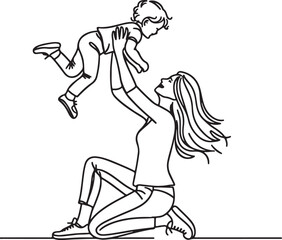 mom lifting daughter up in air line drawing vector