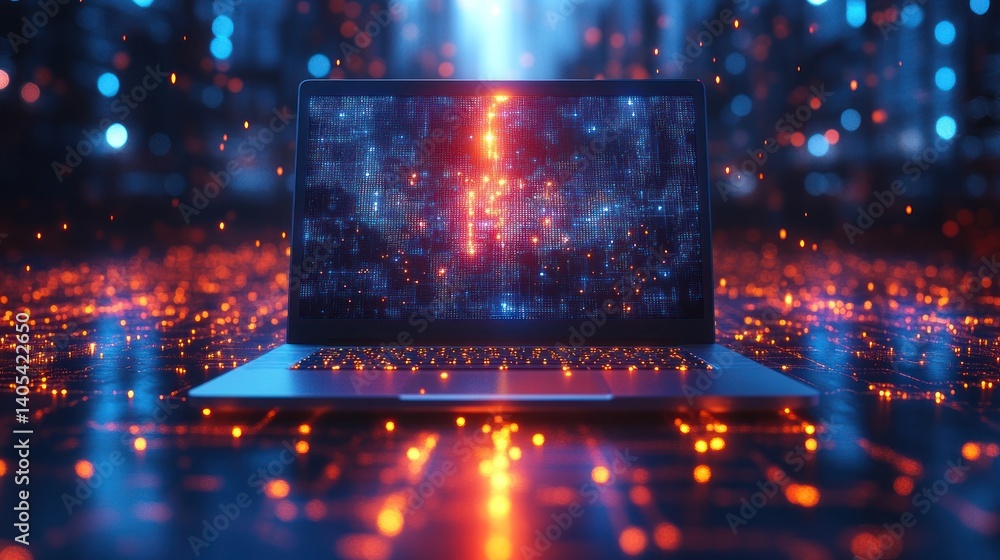 Poster digital universe: futuristic laptop displaying a network of data and connections