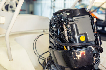 Repairing inflatable motorboat engine at boat garage. Ship engine seasonal service and maintenance....