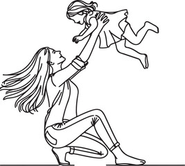 mother raising daughter in the air vector minimalist line art