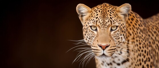Fototapeta premium Close frontal portrait of leopard in warm lighting showing detailed eyes and fur coloration in high contrast safari predator stock photograph with intense mood