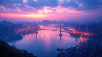 Fototapeta premium Majestic Sunrise Over Cityscape and Bridge