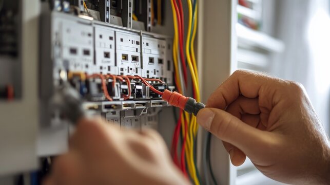 Electrician rewiring a breaker panel in a home. Featuring expertise and technical skill