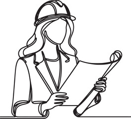 female architect holding blueprint minimalist line drawing vector