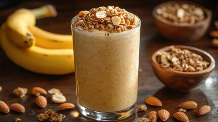 Delicious Banana Smoothie with Granola and Almonds