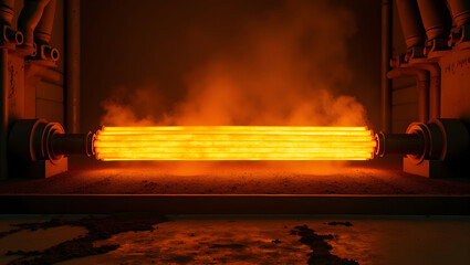 Glowing metal rods in an industrial furnace, symbolizing heat treatment and manufacturing processes.
