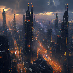 Fototapeta premium A cityscape with tall buildings and a cloudy sky