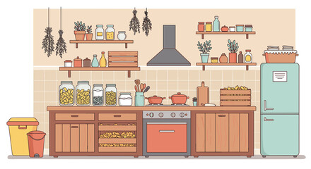 Cozy illustrated kitchen featuring cabinets and colorful decor  