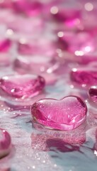 Romantic scene of pink heart shaped crystals floating on clear water with sparkling droplets