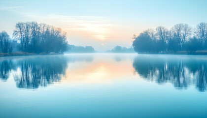 Serene sunrise over a tranquil river, reflecting soft pastel colors and silhouetted trees