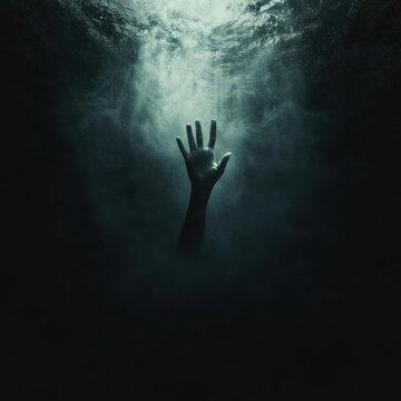 Hand reaching for surface in dark water depths symbolizing despair