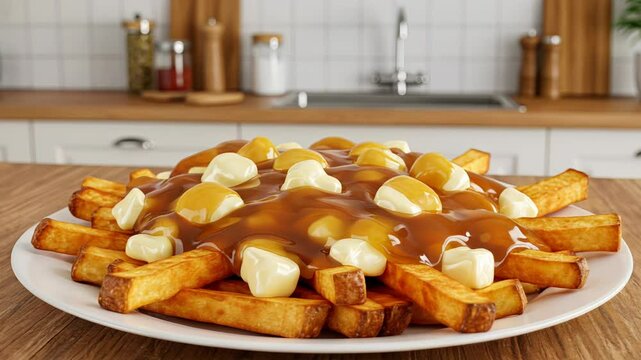 Classic Canadian poutine served on a plate with golden fries, cheese curds, and gravy