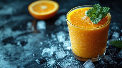 Refreshing Orange Smoothie with Ice Cubes and Mint