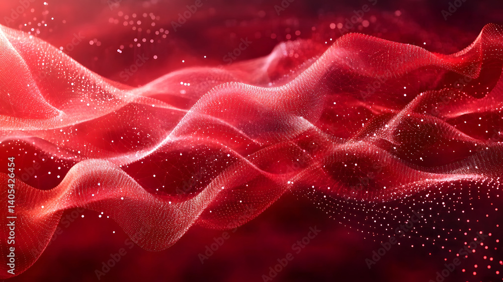 Poster abstract red tech background with digital waves, dynamic network system, artificial neural connectio