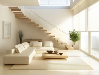 A white living room with a white couch and a white coffee table. A potted plant is on the table