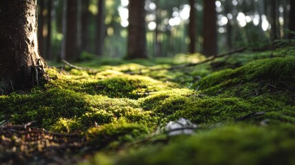 Lush green moss blankets forest floor, sunlight filters through trees creating stunning bokeh effect