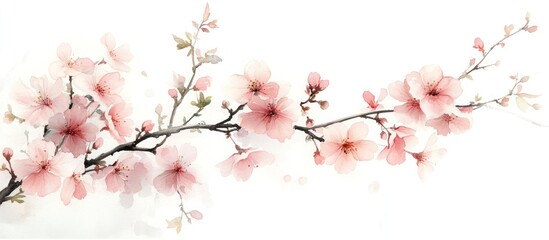 Fototapeta premium Pink cherry blossoms branch, spring, nature, white background, design