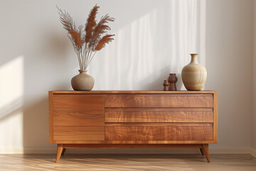 A modern wooden dresser made of rich cherry wood, smooth polished surface