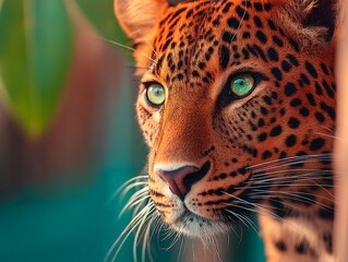 Obraz premium Vibrant leopard with glowing green eyes in motion across jungle setting surrounded by intense orange lighting showcasing jungle predator energy and digital illustration style