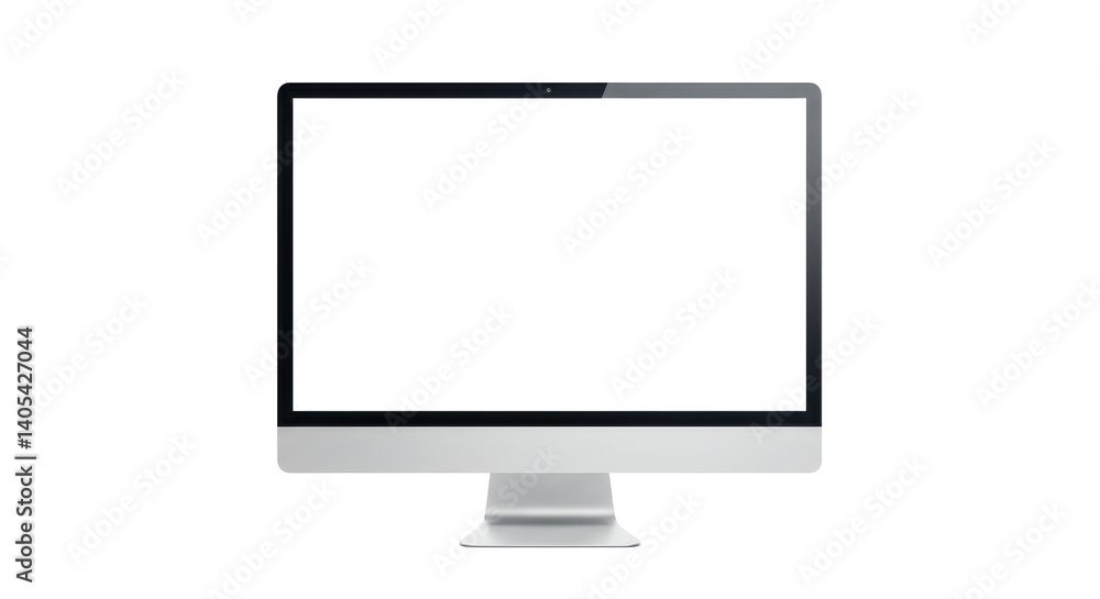 Poster a modern silver desktop computer with a black screen displayed on a black background front view