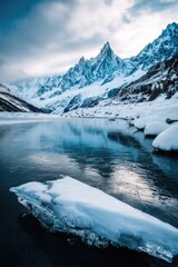 The image captures a stunning mountain landscape blanketed in snow, set in a peaceful environment. It highlights impressive peaks adorned with snow, a beautiful ice formation, and a calm lake. Tags:
