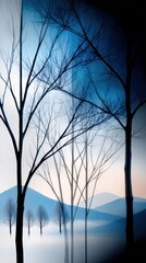 Serene Landscape with Silhouetted Trees and Majestic Blue Tones and Foggy Horizon
