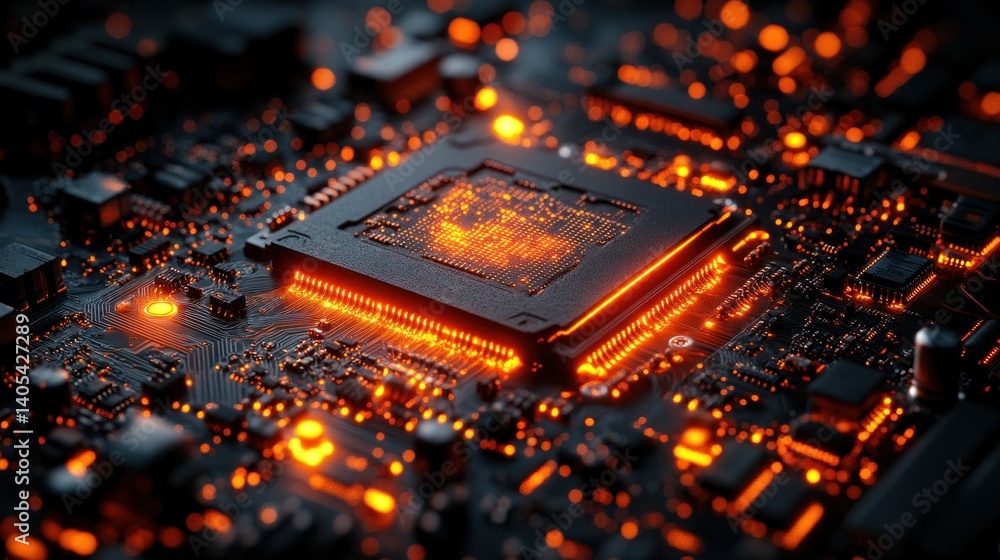 Poster illuminated circuit board: a close-up of a microprocessor