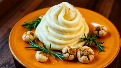 holiday side dish browned top rosemary garnish elegant presentation roasted garlic decorative swirls mashed potatoes plated dish
