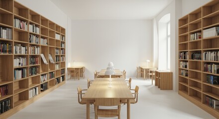Serene library interior with minimalist design and natural oak furniture
